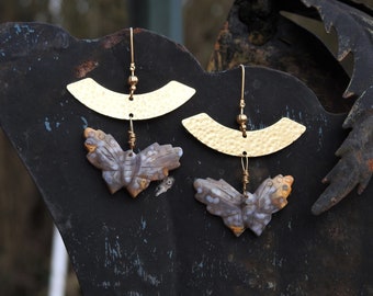 Hippy hook earrings in gold plated Butterflies in Ocean Jasper of 35 / 22mm and brass