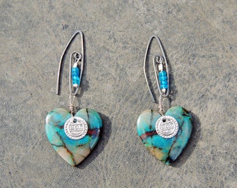 Earrings silver925 oxidized hearts in Chrysocolle 25 * 24mm Apatite beads