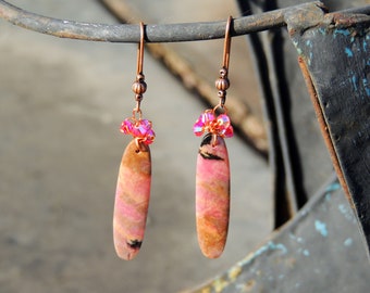 Rhodonite copper earrings 40 * 10 mm Swarovski crystals