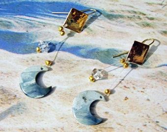 Constellation d'étoiles, Boucles d'oreilles Diamant de Herkimer  lunes de Jaspe Picasso