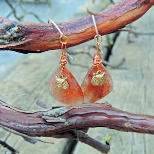 Earrings goldfilled 14 carats Sunstones 23 / 17mm small heads of owls