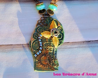 Necklace "The Eastern steampunk" polymer clay rhinestones and silk sary