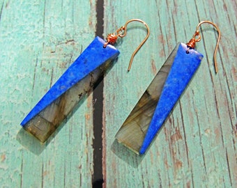 Boucles d'oreilles gold filled 14 Krats Lapis Lazuli et Labradorite