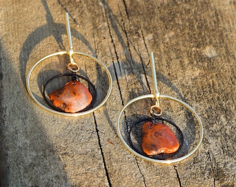 Earrings golden creole stems slices of red Agates 20 / 20mm