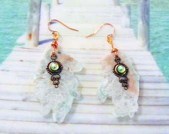 Gold filled 14 Krats African green quartz rhinestone and filigree earrings