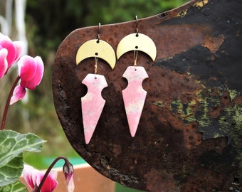 Earrings hooks in niobium Rhodonite stones 44 / 16mm brass moons