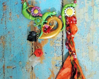 Bib Necklace, tokay geckos, Sary silk and Bohemian beads