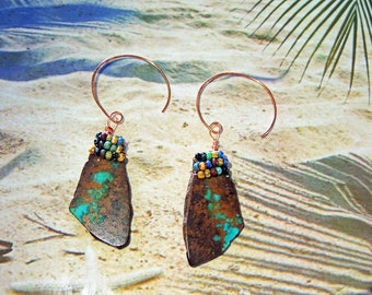 Slices of Turquoise 40 / 21mm Bohemian Beads and Creole Hooks in Copper