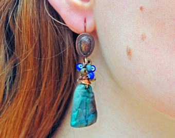Chrysocollas carved copper beads copper beads carved Chrysocollas earrings Bohemian earrings Bohemian