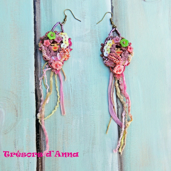 Boucles d'oreilles Les Cracoviennes tilleuls et vieux rose