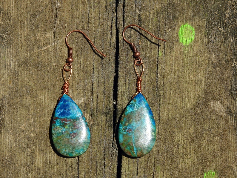 Earrings brass hooks Seen from space on Earth Chrysocolla 31 18mm