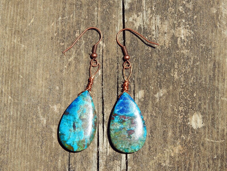 Earrings brass hooks Seen from space on Earth Chrysocolla 31 18mm