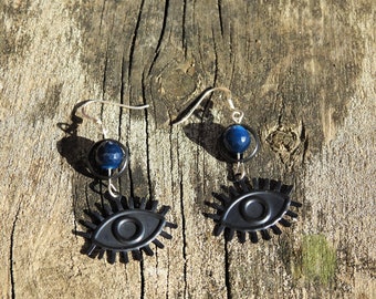 Boucles d'oreilles crochets en argent 925 perles d'Agates bleues naturelles 8mm Yeux en laiton noir "Le regard azur"