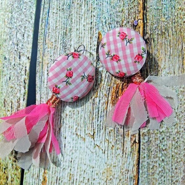 Boucles d'oreilles vintage bohémiennes, coton et soie mousseline