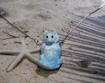 925 silver chain necklace carved Larimar wolf