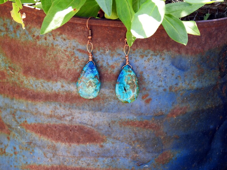 Earrings brass hooks Seen from space on Earth Chrysocolla 31 18mm