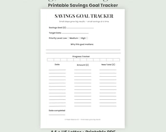 Savings Tracker Printable Goal Tracker for Money Saving A4 US Letter PDF
