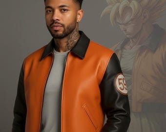 Dragon Ball Z Cosplay Bomber Jacket, Men's Orange and Black Leather Anime Costume