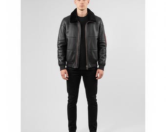 Men's Black Sheepskin Leather Jacket with Fur Collar