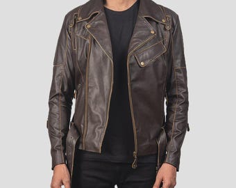 Men's Brown Leather Biker Jacket: Handmade Vintage Slim Fit Moto