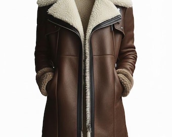 Long Shearling Aviator Coat, Women's Leather Look Trench Coat