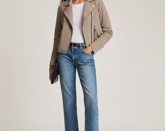 Women's Suede Leather Biker Jacket In Tan Beige