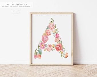 Letter A — Floral Monogram Initials, Botanical Letter Print, Cottagecore Watercolor Printable, 8x10 Digital Download