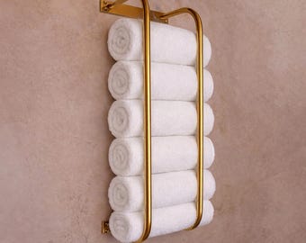 Unlacquered Brass Towel Rack, Vertical Rolled Towel Storage, Spa Bathroom Decor