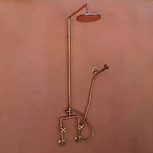 Système de douche en cuivre massif, Ensemble de douche à tuyau apparent, Robinet mural avec douchette, Garniture de douche faite main