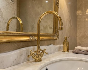 Unlacquered Brass Bathroom Faucet – Vintage Sink Tap, Solid Brass Vanity Fixture with Natural Patina