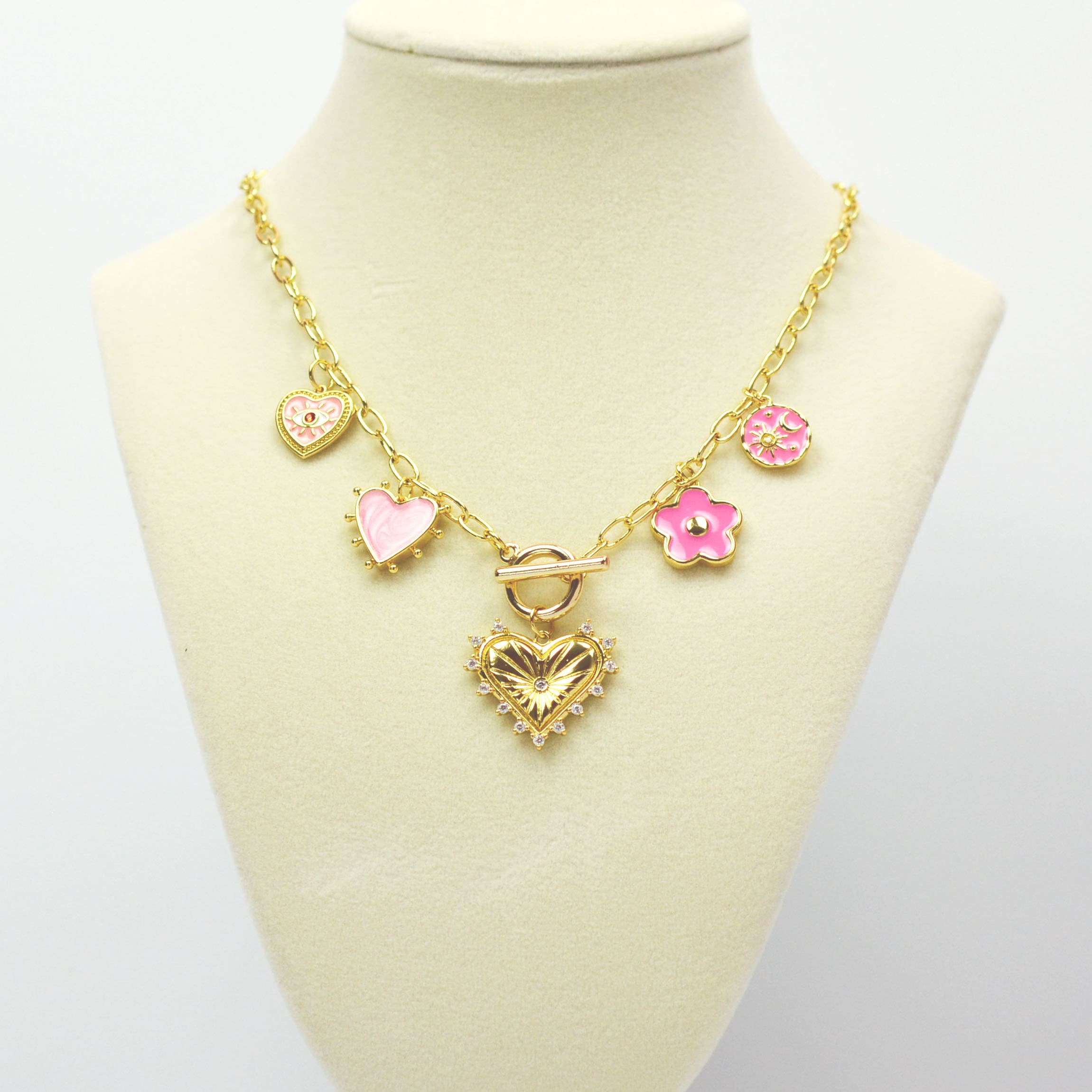 Gold Fill Charm Necklace Pink Charm Necklace Pink Daisy Cahrm necklace Pink Heart necklace