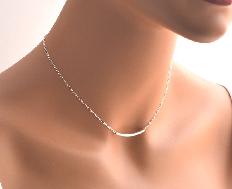 Dainty Sterling Silver Necklace with Curved, Round Tube Bead Everyday layer Simple Gift 0126N image 3