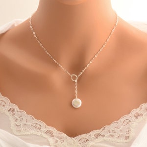 Lariat Necklace  - Top Quality Freshwater Coin Pearl -  Pearl Lariat  - Sterling Silver Necklace - Bridesmaid Gift - Wedding (0113N)