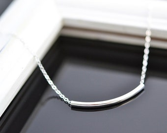 Dainty Sterling Silver Necklace with Curved, Round Tube Bead- Everyday - layer - Simple - Gift (0126N)