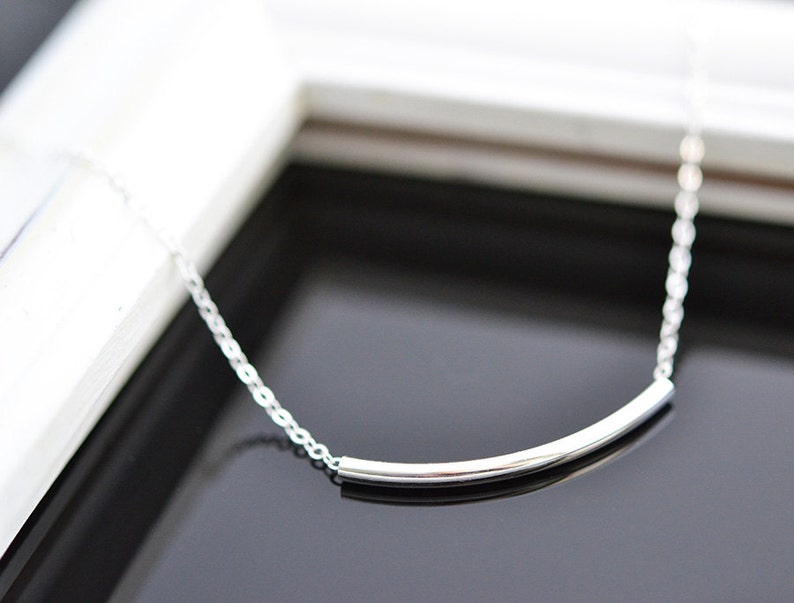 Dainty Sterling Silver Necklace with Curved, Round Tube Bead Everyday layer Simple Gift 0126N image 1