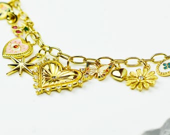 Multi Charm necklace Heart Charm necklace Chunky Necklace Gold Charm necklace