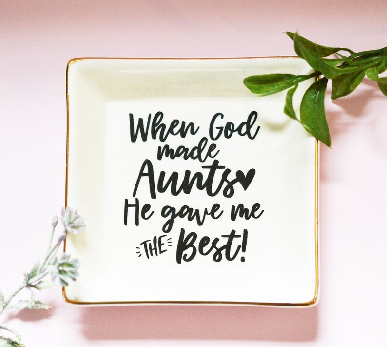 an adorable Handmade Ceramic Custom sweet message Ring Dish with beautiful gold trim around the edges is the sweetest gift for your aunt