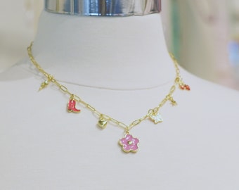 Multi Charm Necklace Vintage Style Chunky Necklace Daisy Charm necklace Heart Charm necklace