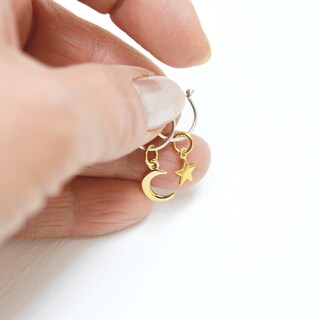 Orecchini A Cerchio Con Ciondolo Luna E Stella In Argento 925 - Piccoli Orecchini Pendenti Minimal Per Donna E Ragazza - Gioiello Boho Chic