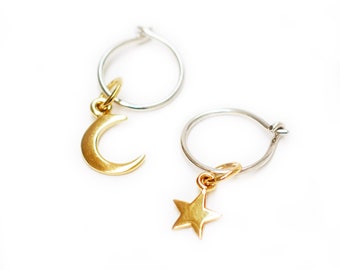 Star Moon Hoop Earring, Gold Plated/Sterling Silver Crescent Moon Star Charm (0108E)