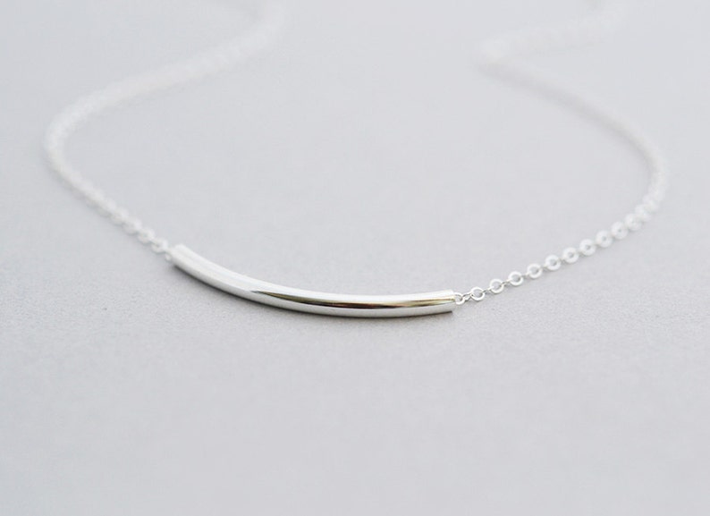 Dainty Sterling Silver Necklace with Curved, Round Tube Bead Everyday layer Simple Gift 0126N image 2