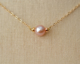 Solitaire Freshwater Pearl Necklace, Pink Freshwater Pearl, Gold Fill Necklace, Sterling Silver Pearl Necklace (0031N)