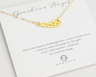 Gold Angel Wing Necklace, Layering Protection Jewelry