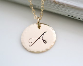 Personalized Necklace,One Initial,Hammered Edge Disc,Gold Initial Necklace,Bridesmaid Gift,Custom Letter Necklace,Large Font, Gift For Her