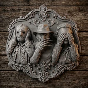 May include: A gray wall plaque featuring three iconic horror figures in a see-no-evil, hear-no-evil, speak-no-evil pose. The figures are encased in an ornate, decorative frame with intricate scrollwork details, all rendered in a monochromatic finish.
