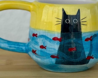 Handmade Black Cat Funny Mug, Cat Lover Cup