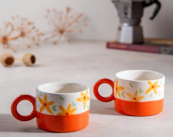Floral Coffee Mug - Ceramic Cup One of a Kind, Handmade Pottery Mug