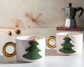Handmade Christmas Tree Mug - Holiday Coffee Cup with Gold Handle, Unique Christmas Gift