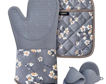 Juego de guantes de horno y agarraderas – Guantes de silicona resistentes al calor, regalo de cocina floral, accesorios para hornear y cocinar de DASSIRA