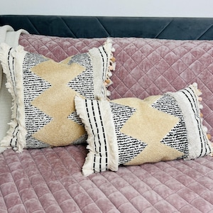 May include: Two decorative throw pillows with a geometric design. The pillows feature a beige diamond pattern on a cream background, framed by black and white striped accents and cream fringe. Small peach-colored pom-poms adorn the corners.